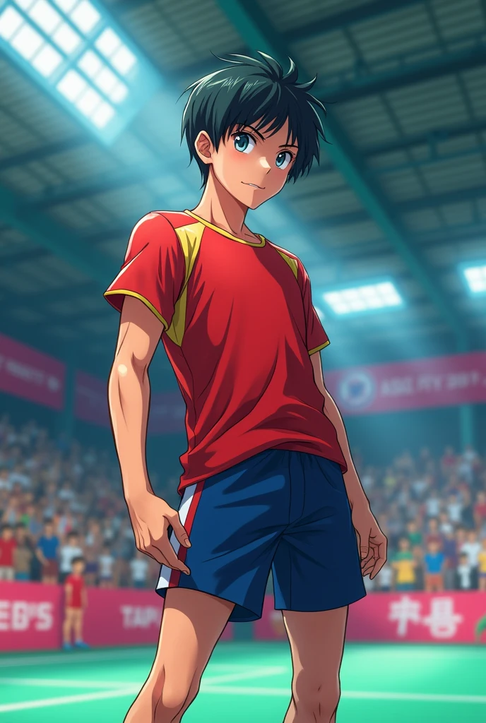 anime boy tall bright skin stronger a badminton player hair textured bowl cut