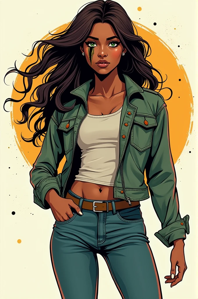 Imagine a  with brown skin and long hair, brown and wavy, falling gently on the shoulders. Her left eye is a vibrant green, while the right is white, marked by a vertical burn scar that crosses her eye. She has a determined expression, suggesting strength and resilience, and she wears casual clothes with a modern touch, Suitable for adventures. The illustration style is reminiscent of comics, with dynamic lines and a simple background that highlights the character.