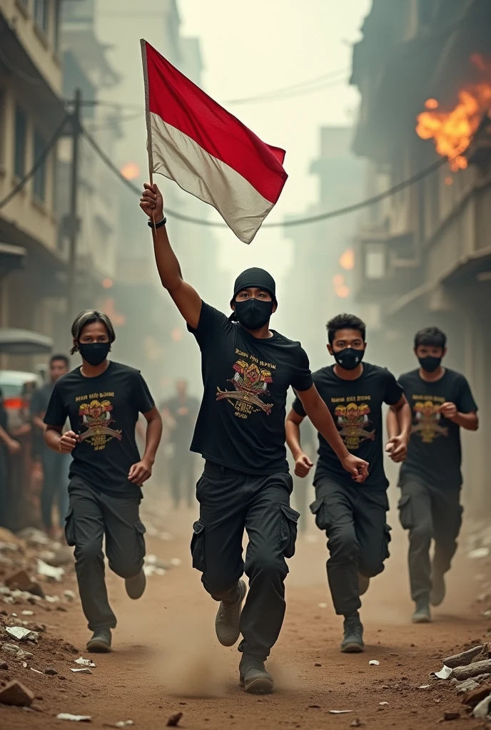 (photorealism:1.2), 5 youngman(wearing black printing t-shirts and black army cargopants) with a mask, running while carrying the indonesian flag in the chaos city, and the other hand is pointing to the enemy, dust and rocks, war conflict, flames and destroyed buildings etc.