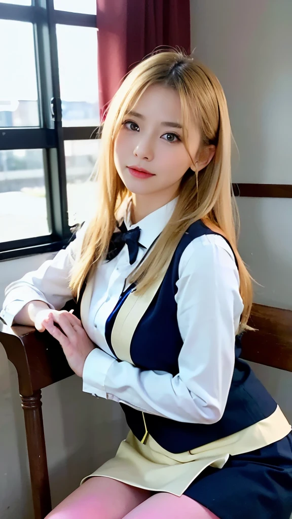 16K quality、最high quality, High resolution, Actual Photos, (Ultra-realistic、Realistic)、((Full body portrait))、(((very beautiful blonde teenager)))、 ((sitting on a chair in the classroom))、 (((blonde)))、 ((Shiny Hair、stick out one ear、Medium Long Hair))、(blue eyes)、((idols wearing Nogizaka uniforms))、blazer、Neck ribbon、Checked mini skirt、Brown Loafers、(Big eyes、Very beautiful and subtle makeup, Light makeup, blondeの美しい髪)、((Her legs are spread open and her miniskirt is rolled up to show off her White panties.))、((Do not hide your panties))、(White panties)、Highly detailed eyes and face、Well-groomed nose、Thin eyebrows、(Perfect Eyes）、Perfect hands、Perfect Fingers、 (F Cup Big)、はっきりしたdouble eyelid、Patchy's eyes、clear, Beautiful face and well-proportioned eyes, ( Very beautiful and subtle makeup, Light makeup、Well-groomed nose、Thin eyebrows), Border Light, (Soft Light, high quality, Smooth and sharp, 10x pixelation, Beautiful Eyeshadow),（(Browsing Caution))、((Ecstatic expression、reach sexual climax))、mouth hanging open、Sexy mouth、(Cute Japanese)、 smile、Fine and beautiful lips , Cute round face, Plump thighs、Accentuate your thighs、Hairstyles with bangs、Delicate body、slim、Light-reflecting skin、Model body type、Detailed fingers、Beautiful Eyes、Long eyelashes、８Head and Body、Low Angle、Light reflected in the eye、Makes your face smaller、double eyelid、Big eyes、Lip gloss、Looking into the camera、Background blur、Cinema lighting from the front、Light on the face