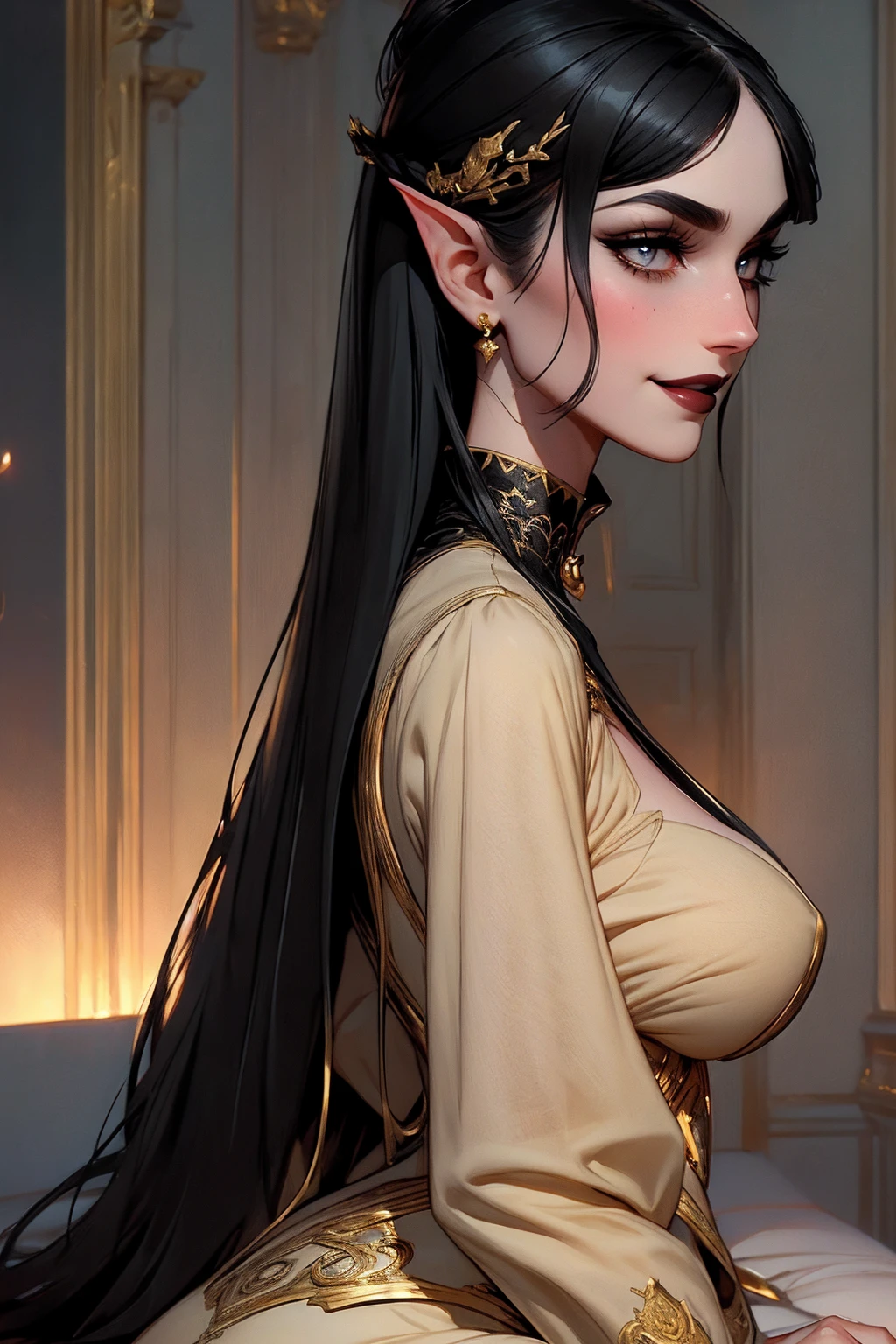 solo, (sophisticated victorian dress:1.0), ((masterpiece)),((high resolution)), ((best quality)), extremely fine and beautiful, super fine illustration, (realistic skin), (insanely detailed anime eyes), detailed face, vivid and beautiful, shocking sensation, incredibly detailed, beautiful detailed girl, supple breasts, front view, facing at viewer, black hair, (elf), medium long elf ears, (see-through:0.5), covered, ((black hair)), (very long hair), profile, sitting, plump breasts, plump thighs, wide hips, movie lighting, perfect shadow, realistic lighting shaded, (golden eyes), dark lips, (smoking), (hair with bangs), (full body), (big hips), (smiling), (golden eyes)