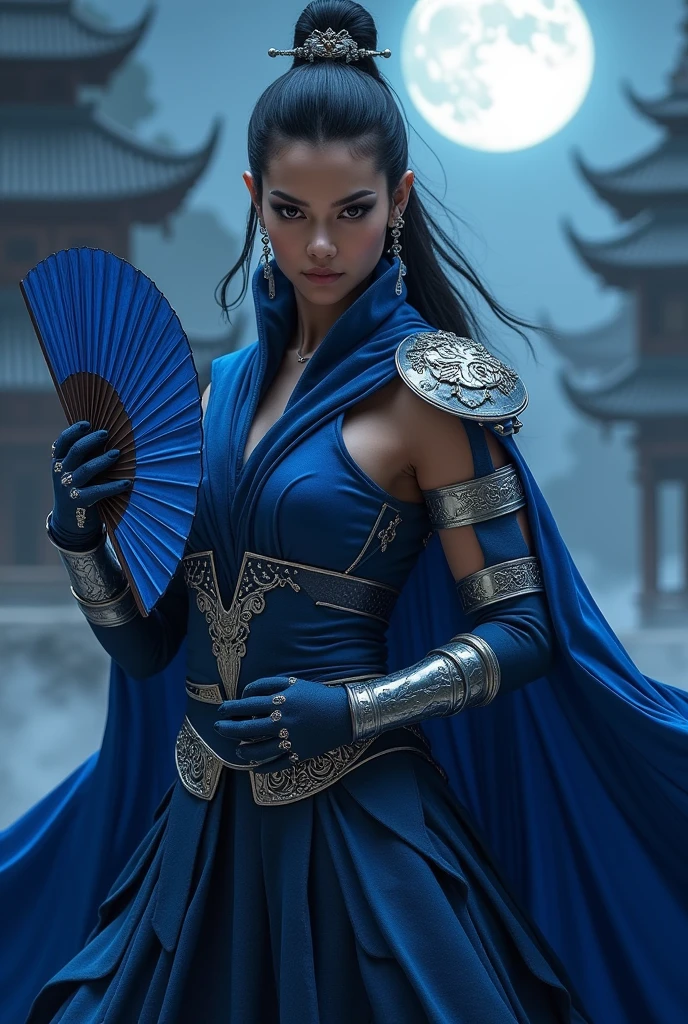 Kitana wears dark blue and has Japanese eyes, she wears large earrings and is a ninja, her weapons are blue fans, silver shoulder pads , a blue cape , blue gloves and fingernails blue mask wearing hair pins 
