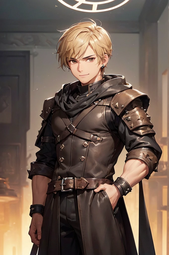 (((masterpiece; best quality: 1.2))), (detailed eyes: 1.3), ((1 young man)), ((solo)), (brown eyes: 1.4), (body shape; lean, masculine, manly face: 1.3), (short blond hair: 1.3), (clear background: 1.2), ((depth of field)), (equipment: masculine adventurer garb + practical hard-leather hunter protection + black hooded hunter overcoat + black stud earring: 1.3), (anime illustration: 1.2), (background composition; fantasy tavern interior + furniture: 1.1), (handsome: 1.1), (shot composition; standing + centered on face + bust close-up: 1.5), (facial expression; calm + smile: 1.2)