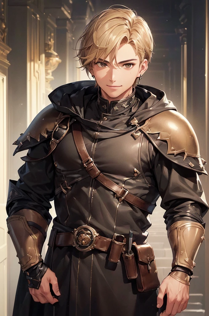 (((masterpiece; best quality: 1.2))), (detailed eyes: 1.3), ((1 young man)), ((solo)), (brown eyes: 1.4), (body shape; lean, masculine, manly face: 1.3), (short blond hair: 1.3), (clear background: 1.2), ((depth of field)), (equipment: masculine adventurer garb + practical hard-leather hunter protection + black hooded hunter overcoat + black stud earring: 1.3), (anime illustration: 1.2), (background composition; fantasy tavern interior + furniture: 1.1), (handsome: 1.1), (shot composition; standing + centered on face + bust close-up: 1.5), (facial expression; calm + smile: 1.2)