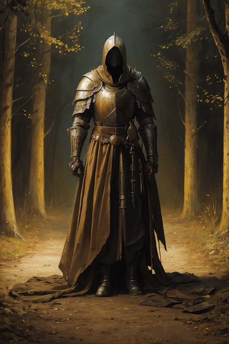 a painting of a cowering man, broad, arms and legs wrapped in yellowing bandages, skin hidden behind dirty medieval knight armor, bandages covered in dried blood and puss, disgusting, sitting on the floor, arms resting on knees, head hung low between legs, distraught, in pain, old bandages, mended armor over torso, mended knight, dirty armor, scratches all over his armor, mended metal chest armor, old art, in a forest veiled in darkness, yellow leaf, nighttime, eerie scene, dark forest, no light, renaissance style art