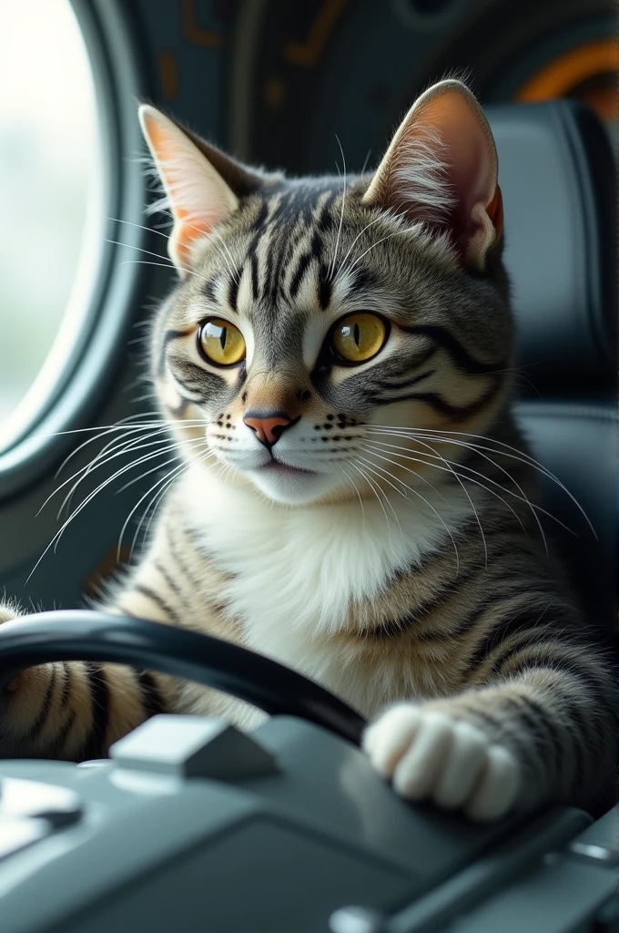 I want a chunky adult male gray tabby cat with short hair and yellow-green eyes., clear and large, with white chest and white gloves piloting a spaceship (that the cat looks realistic and the ship looks good)