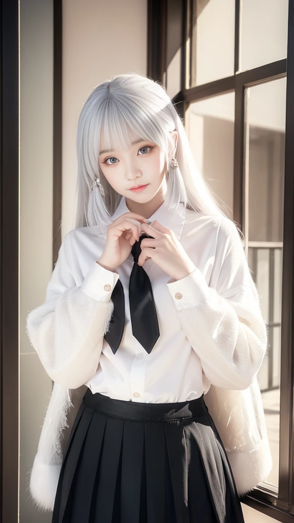 Girl Portrait Photography, Practical, high resolution, 1 female, Solitary, Upper Body, beautiful eyes, close your lips, Delicate face, White hair, Long hair, Collared shirt, Black Tie,Black skirt, Pencil Skirt, Fur coat, stocking,(Black lace exposed),Hands down