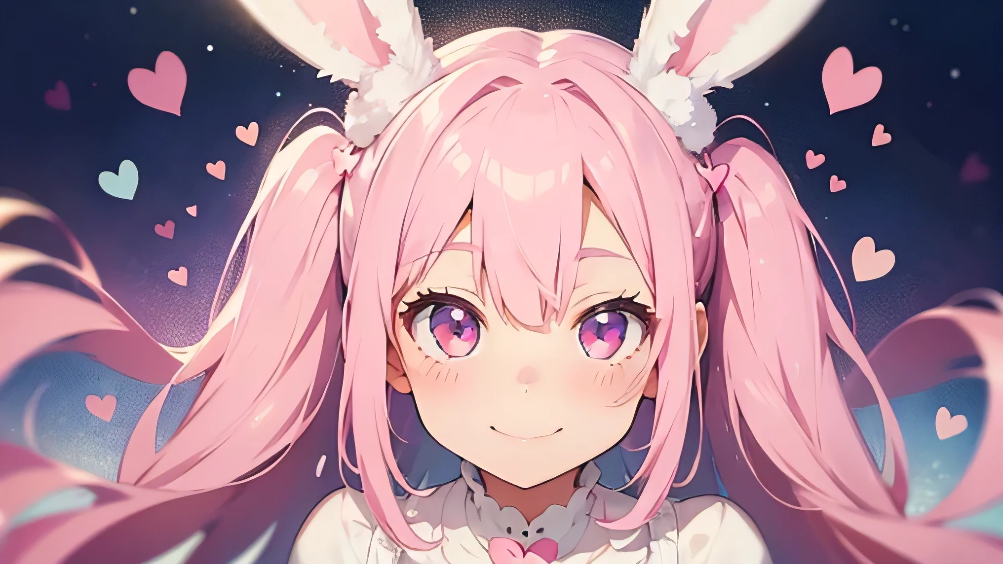 Highest quality, cute, pastel colour, Fluffy white bunny ears, smile,Pink Hair,Pink eyes,The background is a heart.、Lovely、pop