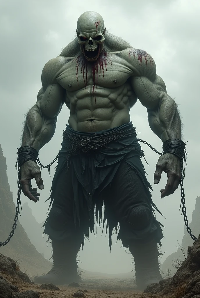 Giant muscular gray-skinned, skull head with little hair and blood dripping, wearing black pants and chains on his wrists