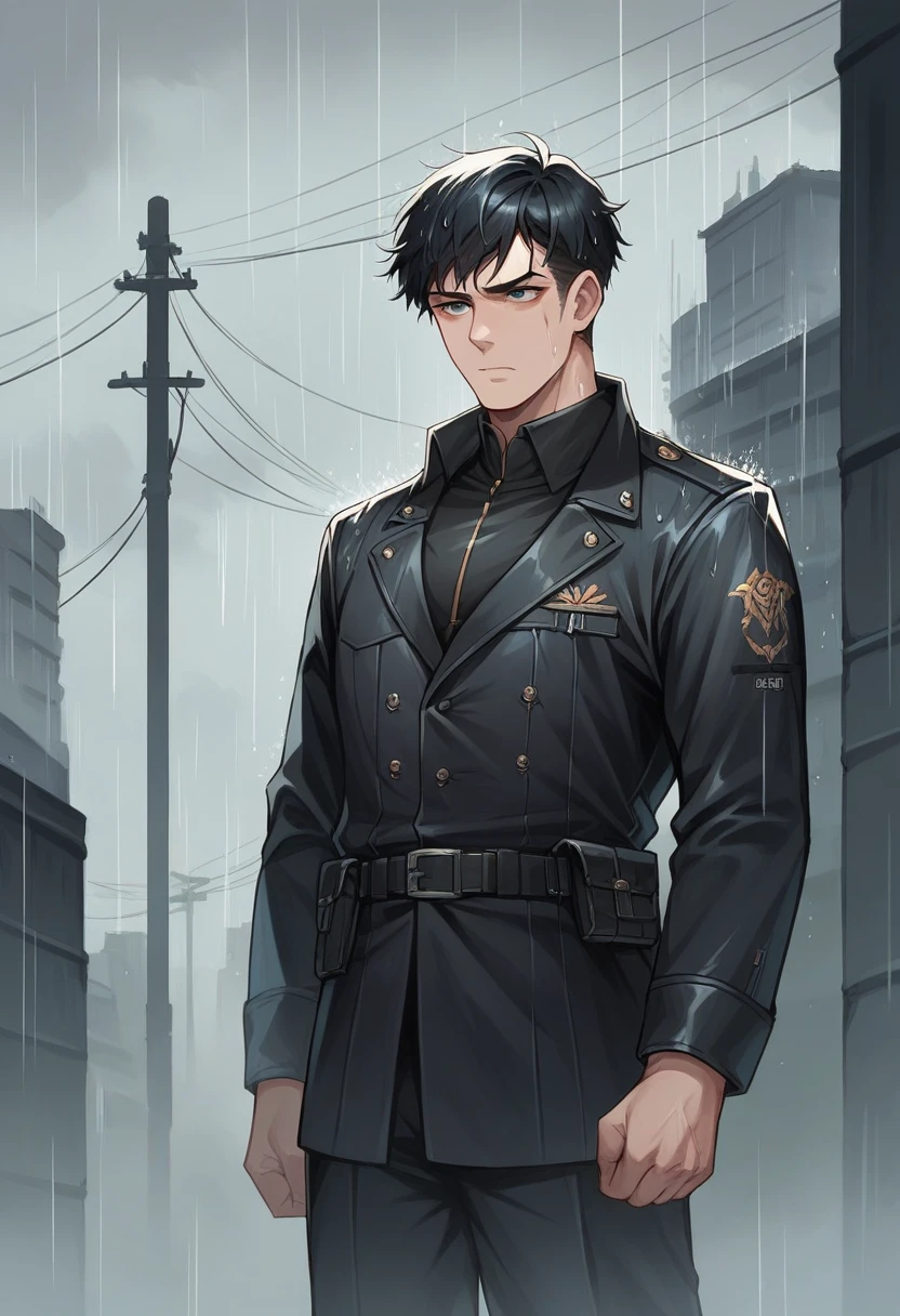 Melancholy male swordsman with medium black hair, wearing a black uniform, in a futuristic city with a completely overcast sky and rain.