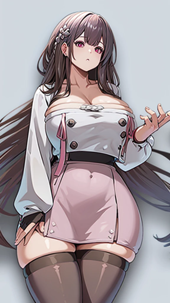 High detailed, 1 girl, solo,brown hair, hair ornament, hair scrunchie, long hair, pink scrunchie, scrunchie, ,purple eyes, big busty, firm curvy body, burgundy shirt, , deep cleavage, Juliet sleeves, pencil skirt, black thighhighs, red gloves, Very prideful expression