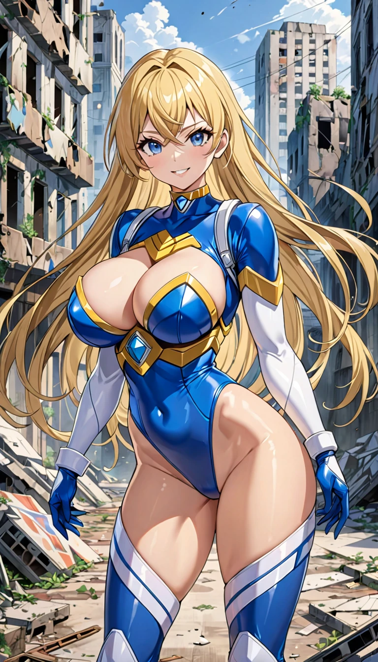 ((masterpiece)), ((Ultra quality)), ((super detailed)), ((high resolution)), ((8k)), a beautiful woman, ((She is one of the most famous actress in the world)), unparalleled beauty, ((large breast:1.4)), ((large ass)), ((deep cleavage)), slim waist, chest out, ultra detailed face, perfect skin, (((waist length hair, ((long straight golden hair)), crossed bangs))), ((blue eyes)), detailed eyes, whole body image, sexy, an inviting smile, sensual, (((anime))), ((glamorous)), sexual attraction, ((23 years old)), ((incredibly beautiful woman)), ((The H cup bust)), ((sexy pose)), ((neat and clean.)), (((Power Ranger))), heroine, (((high leg cut leotard, white line on blue colored leotard power suit, Light Armor))), ((beautiful breasts)), beautiful legs, 8 life size, the most beautiful and strongest, ((charm)), ((Talented woman, During a battle in an abandoned city)),