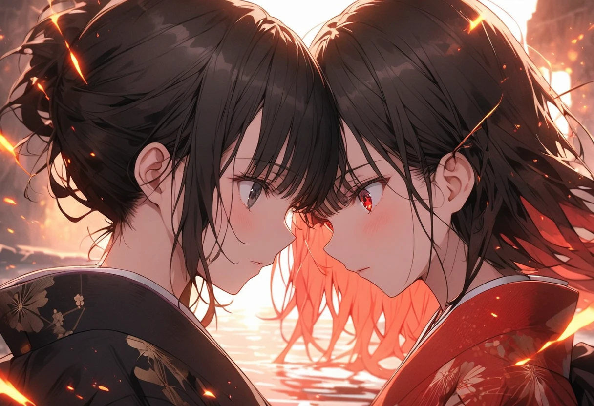 Two Women,Holding a sword,Japanese sword,((Blades clash in front of the face,forge,Japanese sword,Sparks fly from the point of contact)),Close-up Two contrasting colors,wear Kimono,profile,((greenい目白い髪,Red eyes and black eyes)),Surrounded by an aura,green,green色の夕焼け,lake,Reflected on the surface of the water