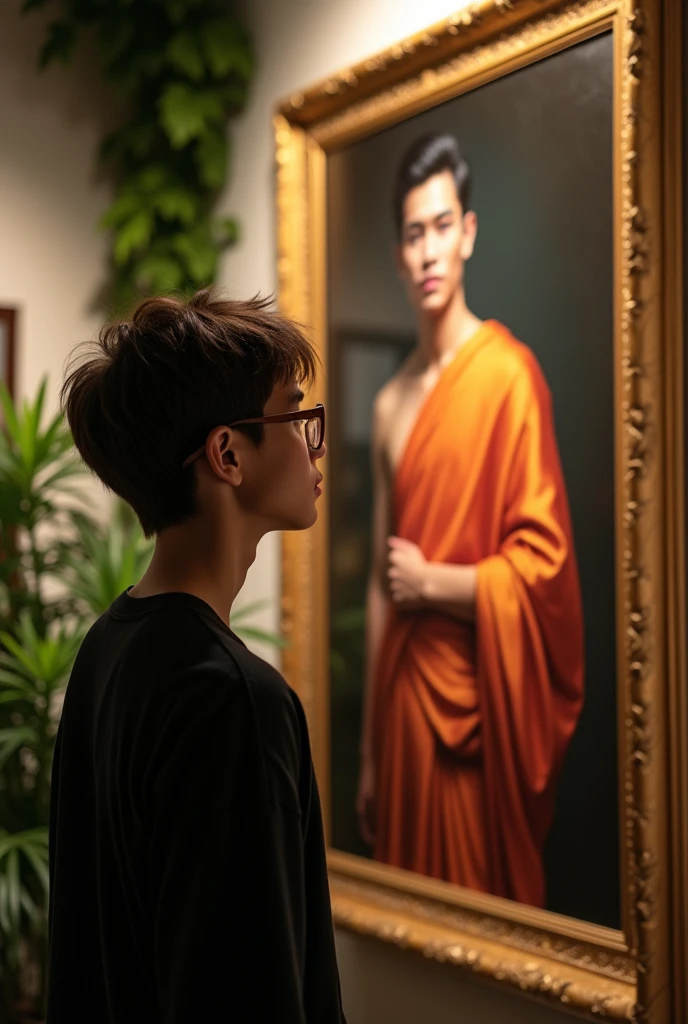 A fair-skinned, tall young man with brown hair and glasses, with a cute face, is looking at a picture of a handsome, tall young man in traditional Thai clothing, with thick, sculpted eyebrows, sharp, hawk-like eyes. The man in the picture is a portrait of a man from a past era, displayed in an exhibition.