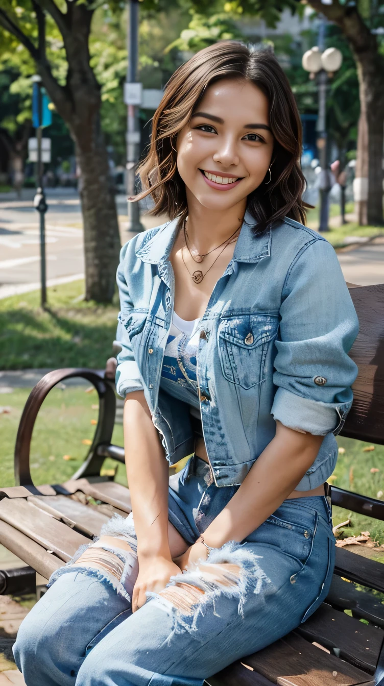 Super Resolution、beautiful Brazilian woman、Full body photo、sitting on a park bench、Short Haircut、Wavy Hair、、ear piercing、necklace、Denim jacket、shirt、White jeans、sneakers、smile、Beautiful teeth alignment、