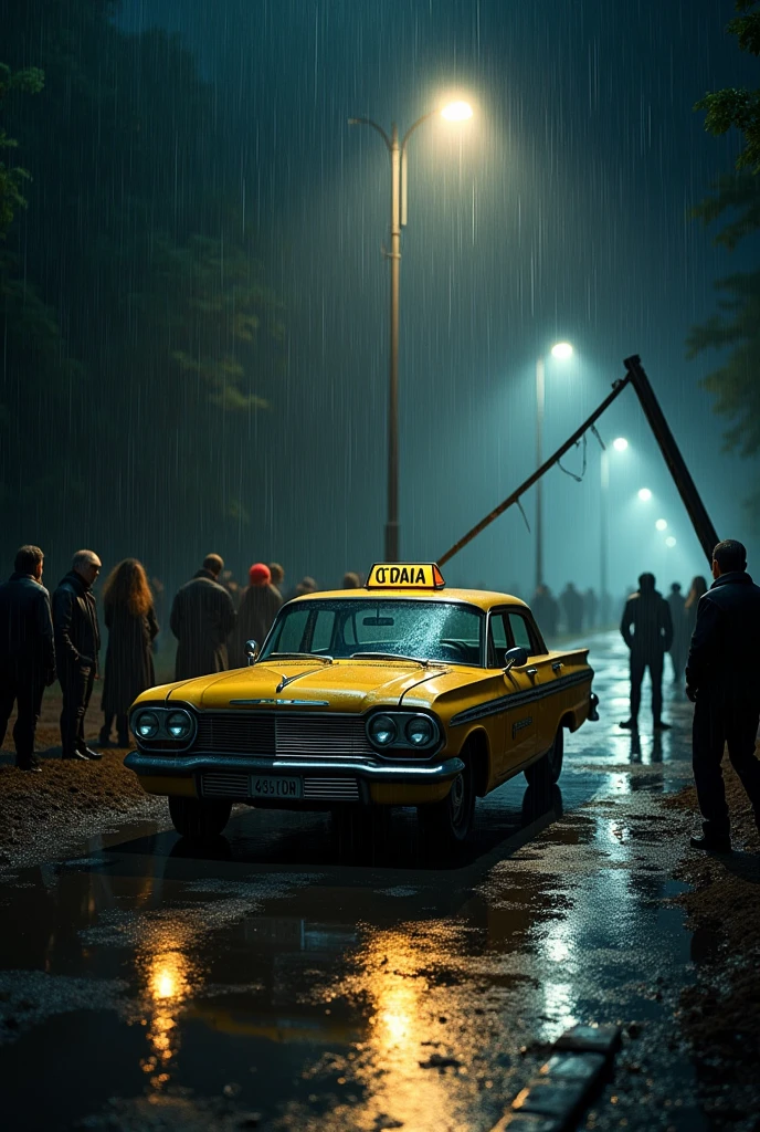 (best qualityer,4K,8k,highres,master part:1.2), ultra detali, (realisitic,Fotorrealisitic,fotorrealisitic:1.37), tenebrosa, natta, falling, ladder, YELLOW taxi, chevrolet opala, black clothing, blackquality hair, grimdark, Raby, rainny, Raby forte, ray tracing, older, muddy ground, black forest, people around the taxi