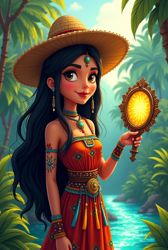 The evil queen from Snow White's tale dressed as a character from the Zenú ethnic group with her ancestral mirror and attire according to the ethnic group without horns and with a simple and indigenous dress, He's wearing a straw hat in the cartoon.