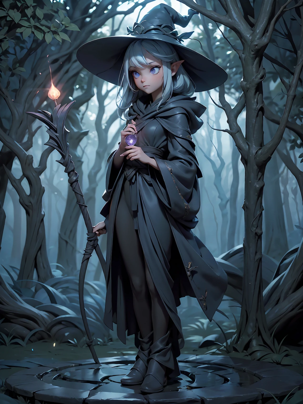 ((full body shot)) of a girl in a dark hooded cloak and a mage hat, standing in a completely dark environment. She is holding a glowing orb of energy in her hands, which emits a soft, ethereal light. Surrounding her are numerous small lights in shades of {blue|purple}, casting a faint glow similar to candlelight. The only illumination comes from the orb and the particles around her. The atmosphere is {mysterious|otherworldly}, with a misty haze drifting around her feet. The ground beneath her is reflective, creating a mirrored effect that adds to the surreal ambiance. Subtle textures of ancient, worn stones and creeping vines can be seen in the background, hinting at a hidden, mystical place. The scene is quiet and enigmatic, with the girl's face partially obscured by the hood, her eyes focused intently on the luminous orb. She holds an intricately designed staff made of wood with metallic parts and embedded jewels. [Best quality], [Masterpiece], [Ultra-detailed], [4k], {serene|intense} atmosphere, {mystical forest|ancient ruins}, {dynamic pose|relaxed pose}, complete darkness, {soft shadows|dramatic lighting}, {reflected light on the ground:0.7}, {misty haze:0.6}, {glowing plants:0.5}, {creeping vines:0.4}, {ancient stones:0.3}.