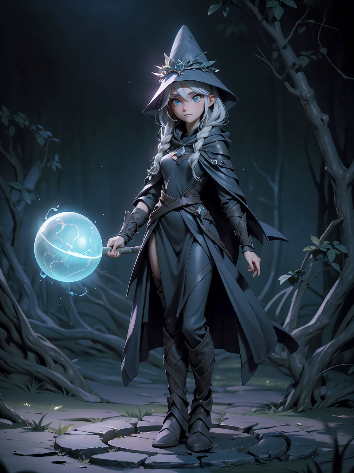 ((full body shot)) of a girl in a dark hooded cloak and a mage hat, standing in a completely dark environment. She is holding a glowing orb of energy in her hands, which emits a soft, ethereal light. Surrounding her are numerous small lights in shades of {blue|purple}, casting a faint glow similar to candlelight. The only illumination comes from the orb and the particles around her. The atmosphere is {mysterious|otherworldly}, with a misty haze drifting around her feet. The ground beneath her is reflective, creating a mirrored effect that adds to the surreal ambiance. Subtle textures of ancient, worn stones and creeping vines can be seen in the background, hinting at a hidden, mystical place. The scene is quiet and enigmatic, with the girl's face partially obscured by the hood, her eyes focused intently on the luminous orb. She holds an intricately designed staff made of wood with metallic parts and embedded jewels. [Best quality], [Masterpiece], [Ultra-detailed], [4k], {serene|intense} atmosphere, {mystical forest|ancient ruins}, {dynamic pose|relaxed pose}, complete darkness, {soft shadows|dramatic lighting}, {reflected light on the ground:0.7}, {misty haze:0.6}, {glowing plants:0.5}, {creeping vines:0.4}, {ancient stones:0.3}.