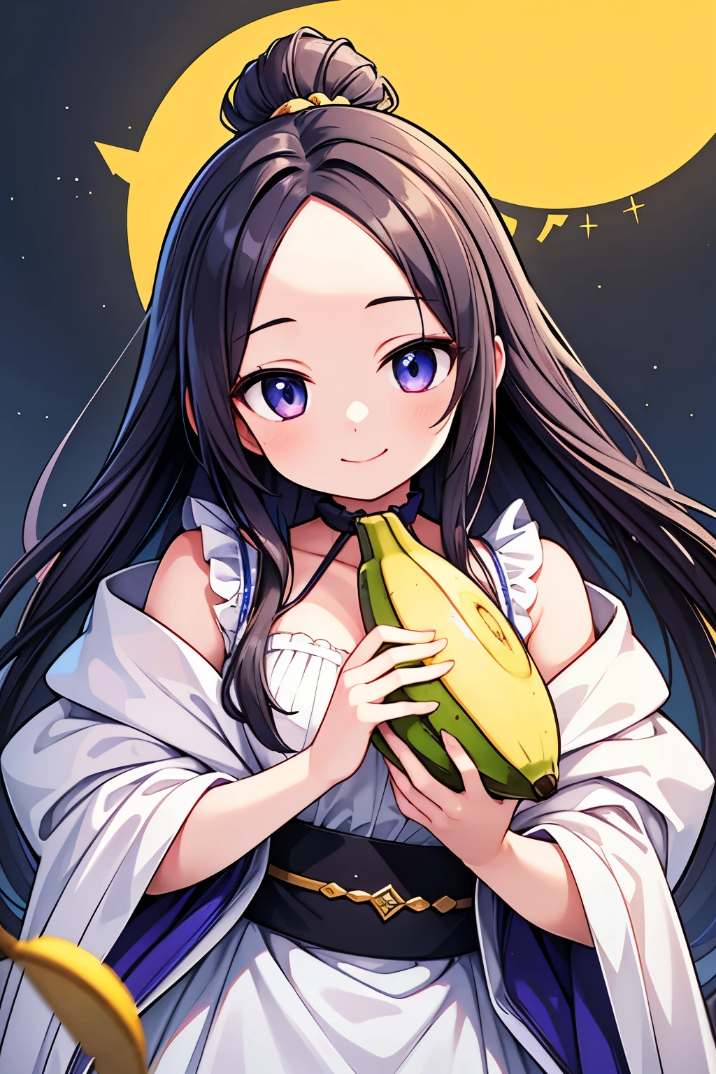 Photorealistic、（whole body、smile、hairpin、A hairstyle that reveals a large forehead、A hairstyle parted in the middle、He is offering a banana to the werewolf.）