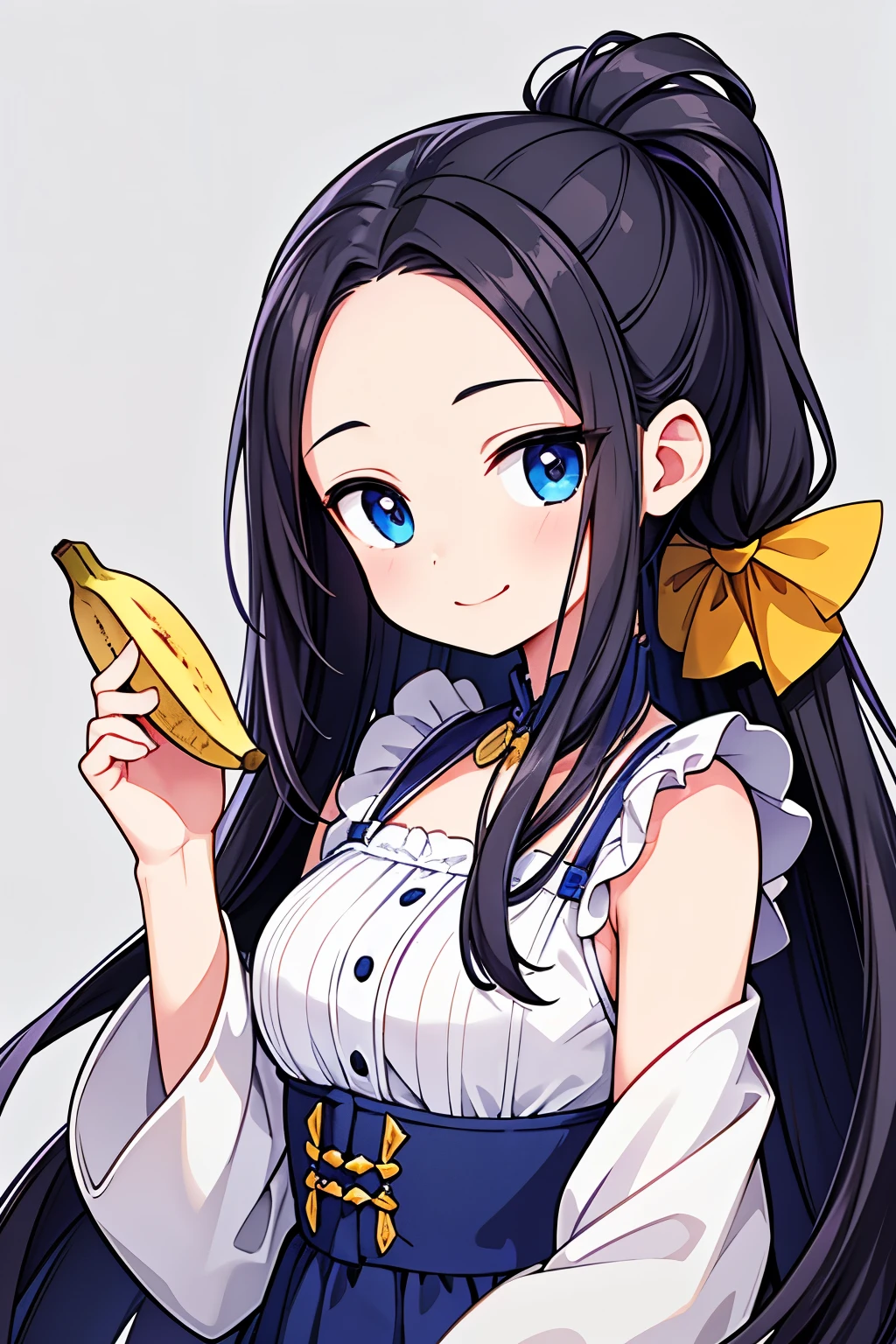 Photorealistic、(whole body、smile、hairpin、A hairstyle that reveals a large forehead、A hairstyle parted in the middle、He is offering a banana to the werewolf.)