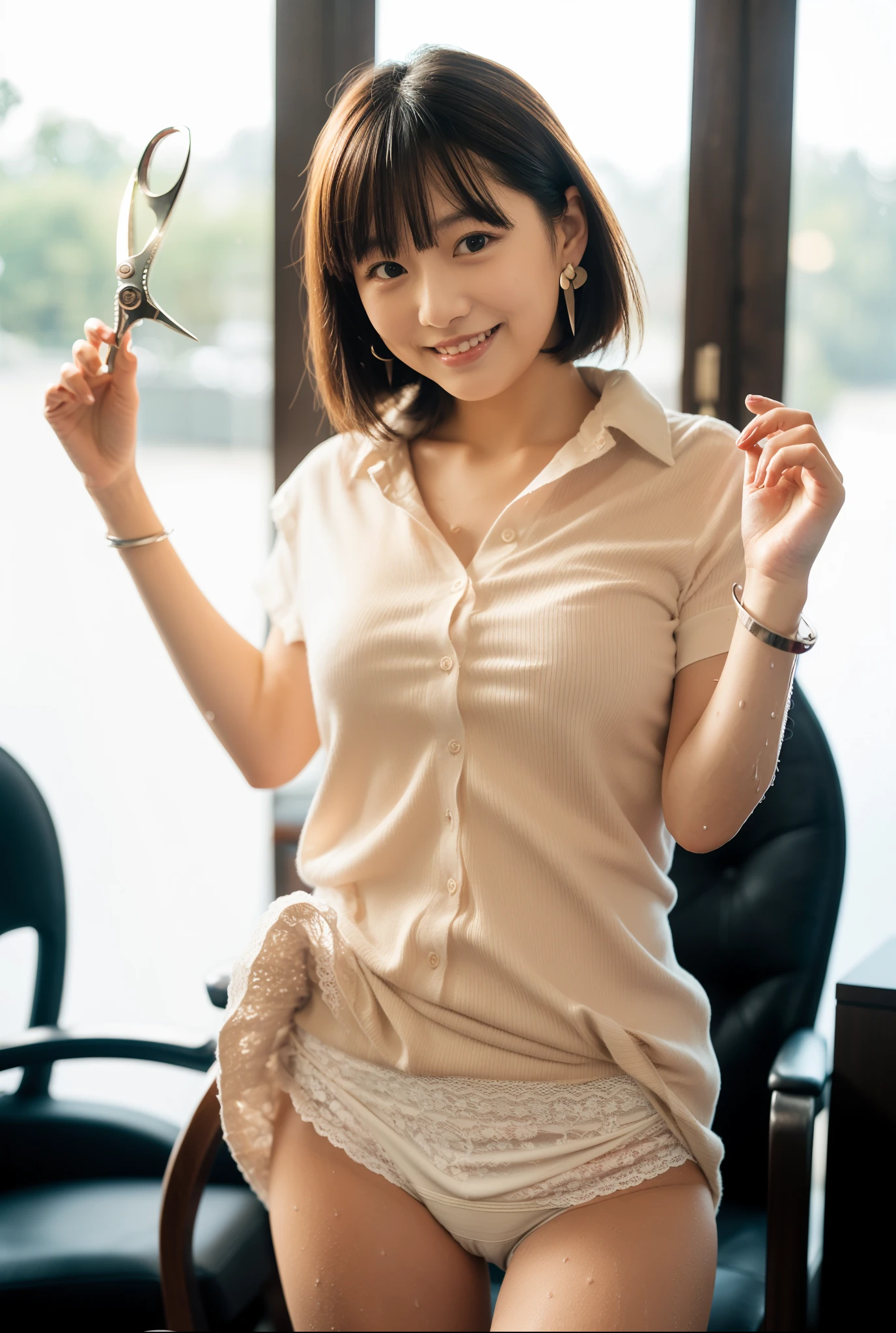 (scissors:1.5,hand up:1.5),(Wearing a light-colored shirt:1.5),A hair salon with chairs lined up,(The skin is wet from sweat:1.2),beautician,looking at the camera,Cleavage,smile,skirtリフト、skirtを手で上げる,woman, 20-year-old, Short Hair、bangs、(skirt),(White lace panties)、Cute earrings,Natural lighting