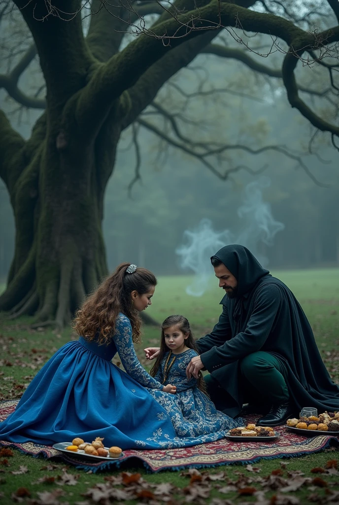 Picnic, family of 3 with girl, royal and dark spooky style