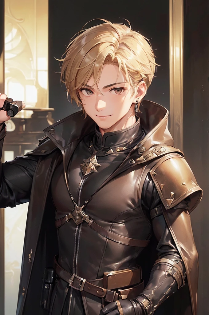 (((masterpiece; best quality: 1.2))), (detailed eyes: 1.3), ((ung man)), ((solo)), (brown eyes: 1.4), (body shape; lean, masculine, manly face: 1.3), (short blond hair: 1.3), (clear background: 1.2), ((depth of field)), (equipment: masculine adventurer garb + practical hard-leather hunter protection + black hooded hunter overcoat + black stud earring: 1.3), (anime illustration: 1.2), (background composition; fantasy tavern interior + furniture: 1.1), (handsome: 1.1), (shot composition; standing + centered on face + bust close-up: 1.5), (facial expression; calm + smile: 1.2)