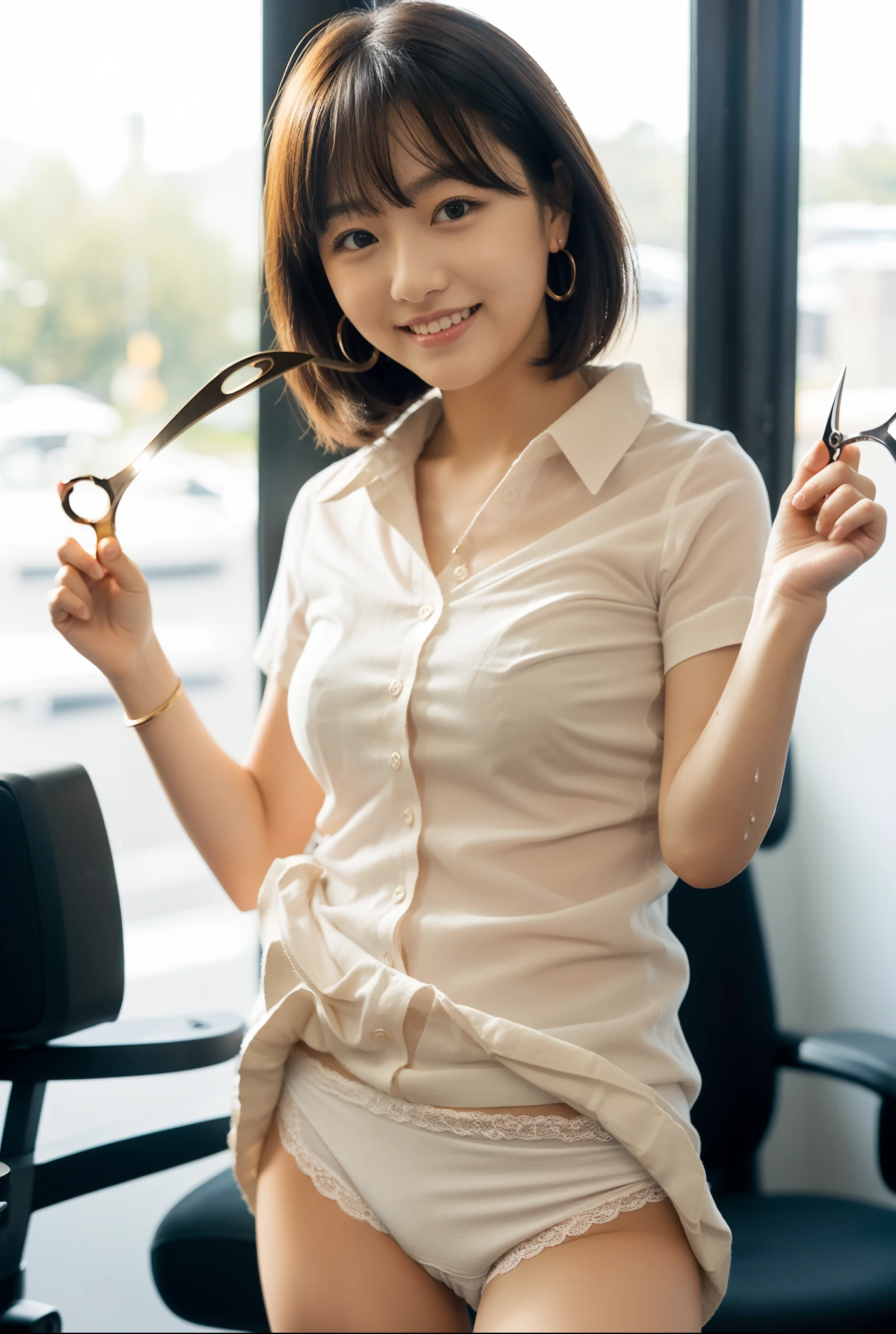 (scissors:1.5,hand up:1.5),(Wearing a light-colored shirt:1.5),A hair salon with chairs lined up,(The skin is wet from sweat:1.2),beautician,looking at the camera,Cleavage,smile,skirtリフト、skirtを手で上げる,woman, 20-year-old, Short Hair、bangs、(skirt),(White lace panties)、Cute earrings,Natural lighting