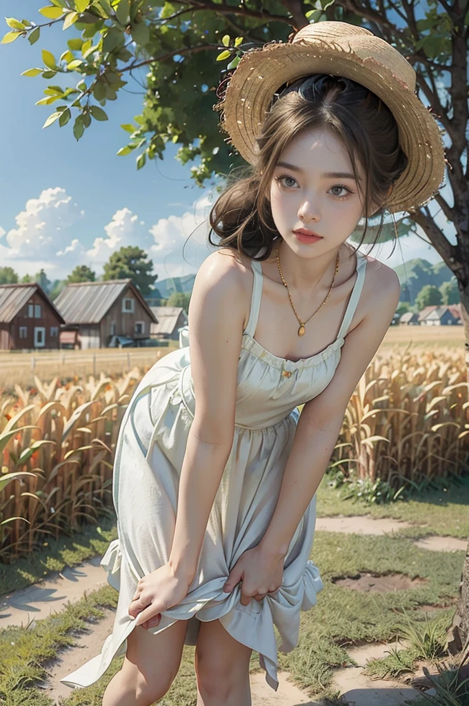 (((best quality))),(((ultra detailed))),(((masterpiece))),illustration, girl cycling down a country road, sun beating down, warm glow,a beautiful young girl, light blue sundress, flowing gracefully,short ponytail, wide-brimmed straw hat, protected from sunlight, fair skin, bright green eyes, lush greenery, calm and serene face, effortless cycling, vintage bike, shiny chain, bright red tires, well-cared-for, narrow winding road, lush green grass, cornfields, golden cornstalks, gentle breeze, sweet scent of corn, sound of birds chirping, small village, white-washed houses, red-tiled roofs, smoke from chimneys, relaxing, peacefulness of the countryside, summer's day, tranquility,