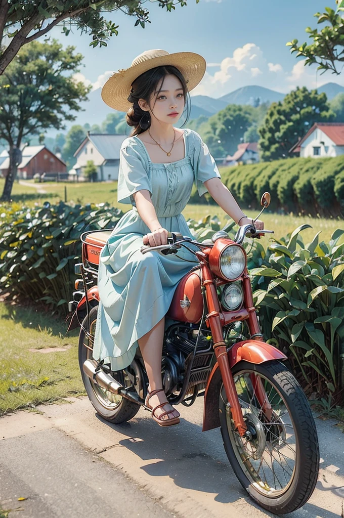 (((best quality))),(((ultra detailed))),(((masterpiece))),illustration, girl cycling down a country road, sun beating down, warm glow,a beautiful young girl, light blue sundress, flowing gracefully,short ponytail, wide-brimmed straw hat, protected from sunlight, fair skin, bright green eyes, lush greenery, calm and serene face, effortless cycling, vintage bike, shiny chain, bright red tires, well-cared-for, narrow winding road, lush green grass, cornfields, golden cornstalks, gentle breeze, sweet scent of corn, sound of birds chirping, small village, white-washed houses, red-tiled roofs, smoke from chimneys, relaxing, peacefulness of the countryside, summer's day, tranquility,