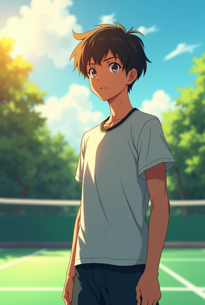 anime boy tall white skin stronger a badminton player hair textured bowl cut  more mature