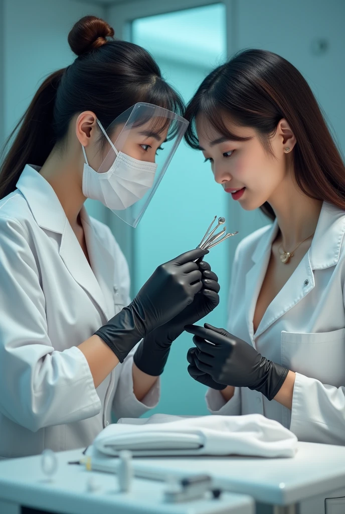 korean gynecologist girl, with very long black latex gloves, mask, face shild, instruments, and work with patients teeth, patient horny girl with gloves
