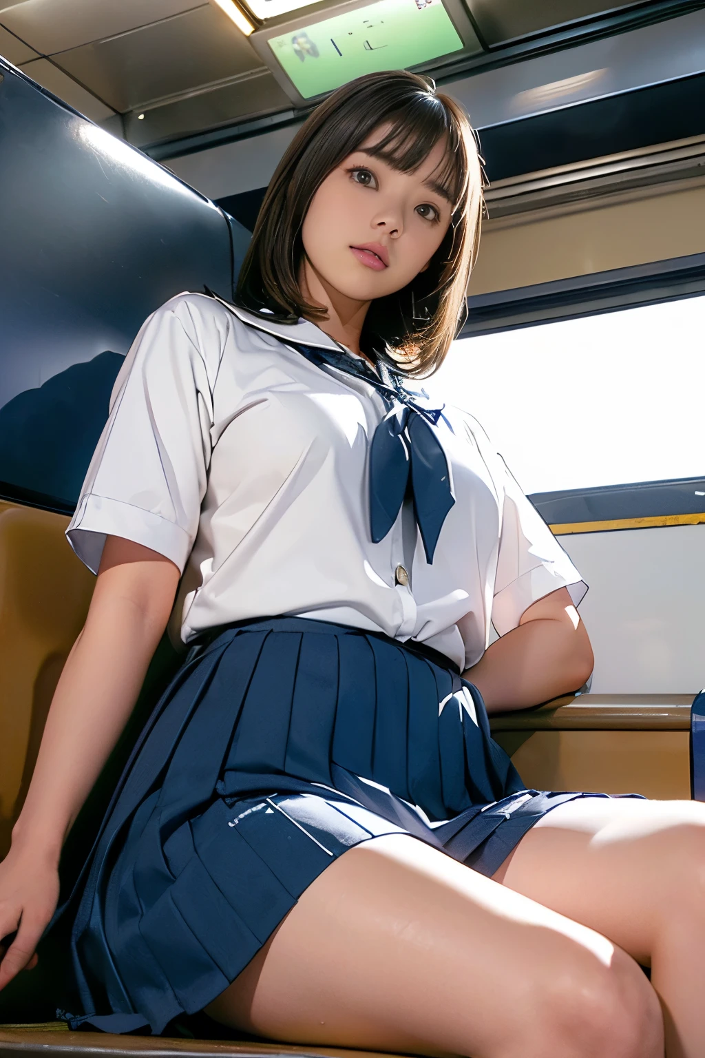High-definition images, Atmospheric perspective, 8K, Very detailed, precise, best quality, 
1 girl, Solitary, Chest, Looking at the audience, (Look at the audience,:1.5),  
Brown hair,  Brown eyes, parted Lips, underwear, , (Japanese school uniforms), 
 (Navy blue skirt), (Sitting on a train seat:1.5), underwear, , parted Lips, 
 Lips, (Navy blue skirt), Cowboy shooting,  (((Spread your legs, Cross your arms))), showing sexy White :1.5), Practical ,
(White, Collared shirt, Ribbon Tie),
(Don&#39;t expose your upper body:1.5),
(Turn your body towards the audience:1.5) , (From below, look up:1.5), ((15 year old Japanese girl, Short Bob))