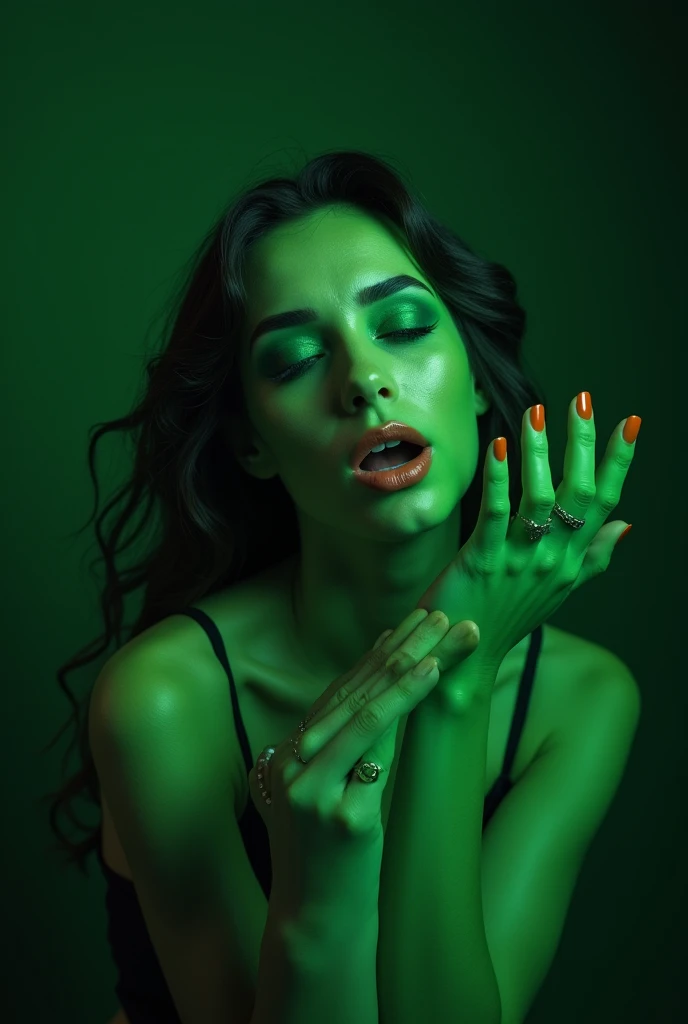 cinematic a pure average fair skinned woman gives herself to the floating dark magic which is slowly magically transforms her into a tempting green skinned wicked youthful enticing witch who have long sharp black painted nails ,and then she yell in happiness ,a green skin color begins spreading quickly all over her bare normal fair-skinned tone body which is making her skin tone entirely green ,happy at the end she is a cute green-skinned alluring glam bewitching sexy witch with her colored nails and lipstick