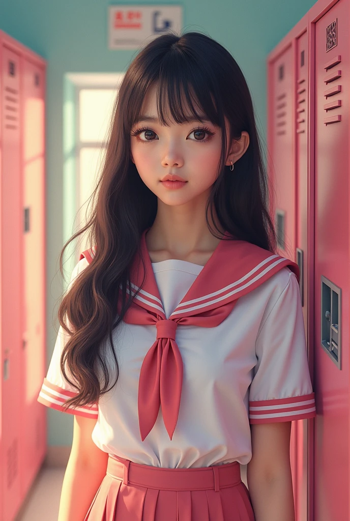 (masterpiece,Highest quality:1.4),(8k,RAW Photos,Photorealistic:1.2),Ultra-high resolution, ,(Glowing Skin:1.4),Detailed skin,Detailed face,Detailed eyes,(Beautiful and shining eyes:1.2),Symmetrical eyes,Detailed ears,One person,Natural Makeup,Fat high school girls,(((Japanese Idols))),(Japanese Face),Detailed Background,Vivid background,Beautiful and shiny hair,18-year-old,((age breasts)),,(Detailed School uniforms popular among Japanese high school girls),,((Sharp Face)),Natural light,,(Very detailed ,Trend design for 2024,online shopping,LUMINE® Market,),Trendy hairstyles,black_hair,long_hair,Upper Body,Instagram Style,(Detailed girls' locker room at school,,Location was great.),