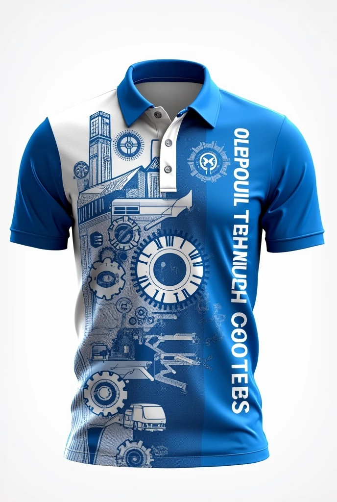 A blue and white polo shirt with a gear, building, robot, transportation, and tire symbols. The words Surat Thani Technical College are written on the right side of the shirt, running down the length.