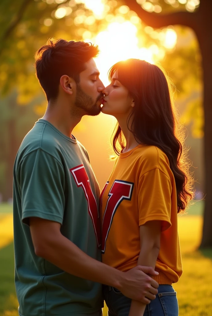 A woman and a man, facing the camera, are sitting next to a park, kissing. Each is wearing a shirt that displays the initials V and W. Vicky is white, and the woman has the V on her shirt, while the man has the W on his. The initials should be in anime style. Vicky has brown eyes, and the woman has the V initial and the man has the W initial, one initial on each shirt. The woman should be slightly heavier.
