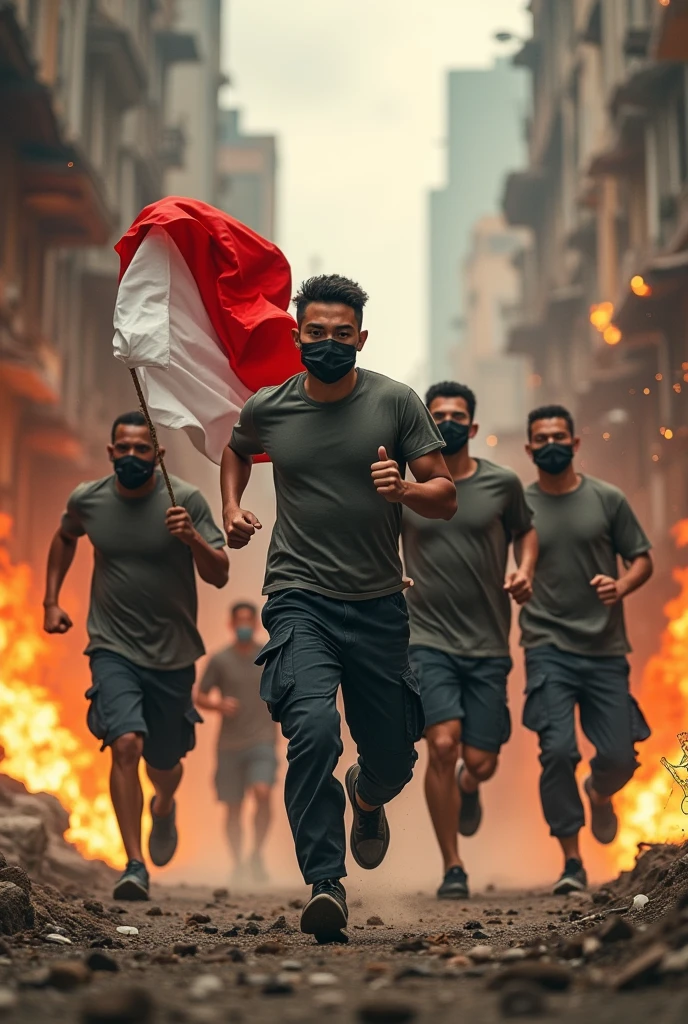 (photorealism:1.2), 5 youngman(wearing t-shirts and black army cargopants) with a mask, running while carrying the indonesian flag in the chaos city, and the other hand is pointing to the enemy, dust and rocks, war conflict, flames and destroyed buildings etc.