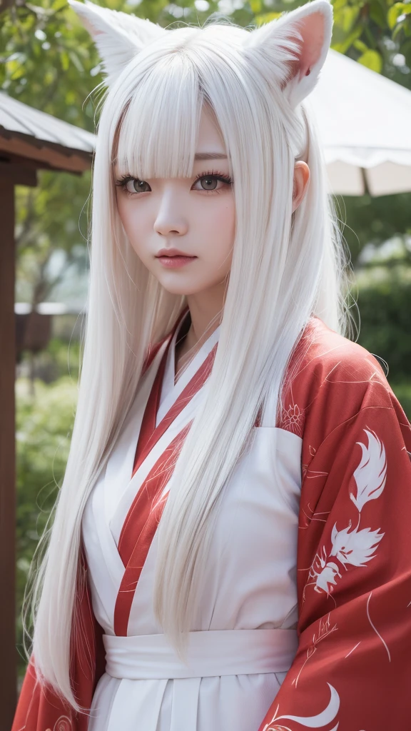 White Demon Fox、Nine-tailed Fox、Japanese women、kimono、Fair skin、Red lines on face、8K、I have long hair
