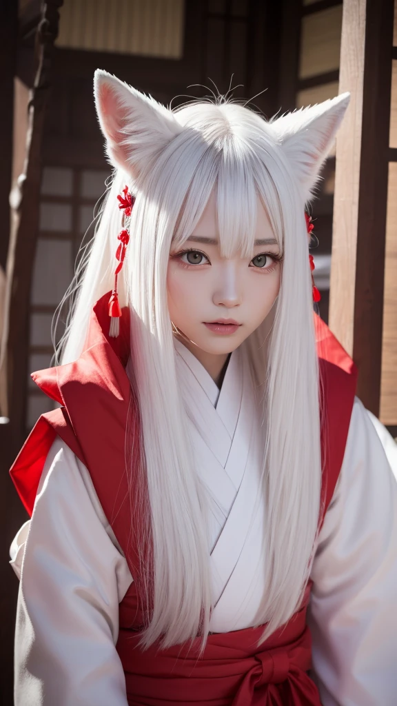 White Demon Fox、Nine-tailed Fox、Japanese women、kimono、Fair skin、Red lines on face、8K、I have long hair