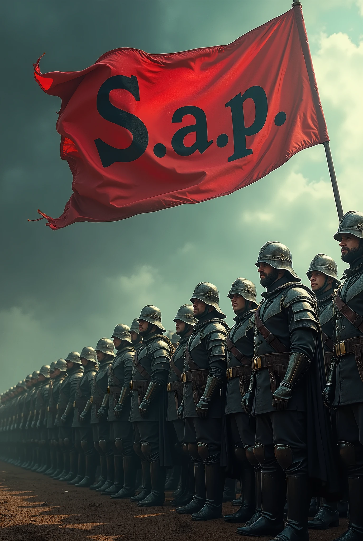 (8k, best qualityer, work of art, ultra high definition: 1.2) army in formation holding a flag that says S.a.p