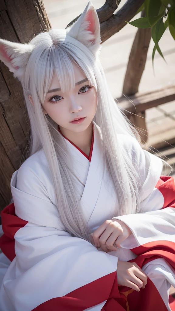 White Demon Fox、Nine-tailed Fox、Japanese women、kimono、Fair skin、Red lines on face、8K、I have long hair