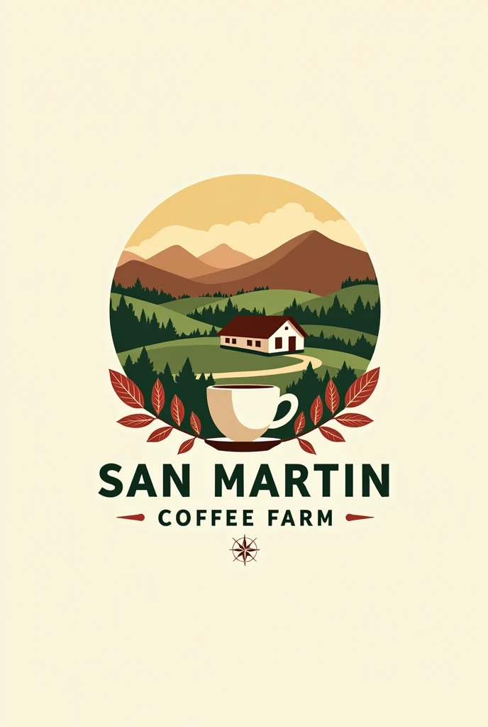 "Create a logo for a coffee tourist farm called 'San Martin' with the following characteristics:

1. Incorporate elements related to coffee, like brown grains, coffee leaves or a cup of coffee.
2. Include visual references to rural tourism, like mountains, a country house or winding paths.
3. Use the name &#39;San Martin Coffee Farm&#39; creatively in the design.
4. Use a modern and minimalist style, prioritizing clean lines and simple shapes.
5. Use a color palette that evokes nature and coffee, like green, with a touch of red.
6. Make sure the design is legible and recognizable in both large and small sizes.
7. Consider incorporating elements that suggest adventure or exploration, like a stylized compass.