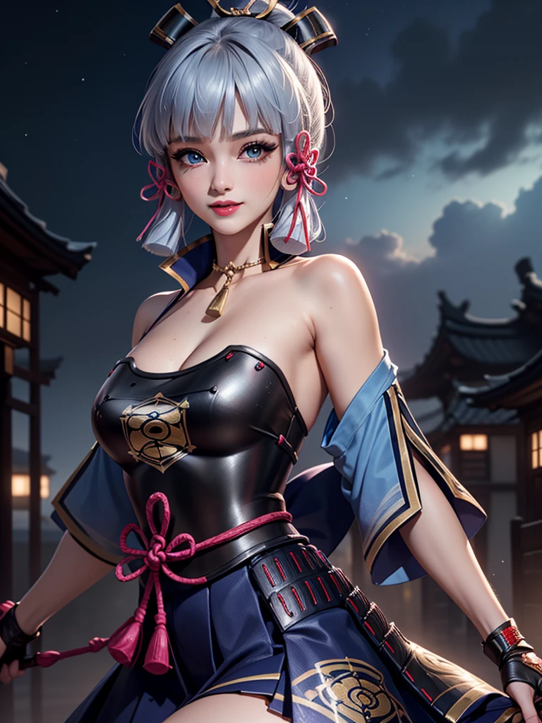 ((masterpiece)),(bestquality),((ultra-detailed)), ((beautiful detailed sky)), ((cinematic lighting)), depth of field, (dynamic angle),detailed lighting,((beautiful detailed eyes)), (night sky view), red lip, smile,eyeshadow,large breast, cleavage, ((bare arm, short skirt , off shoulders, sexy)), ((kamisatoayakadef))