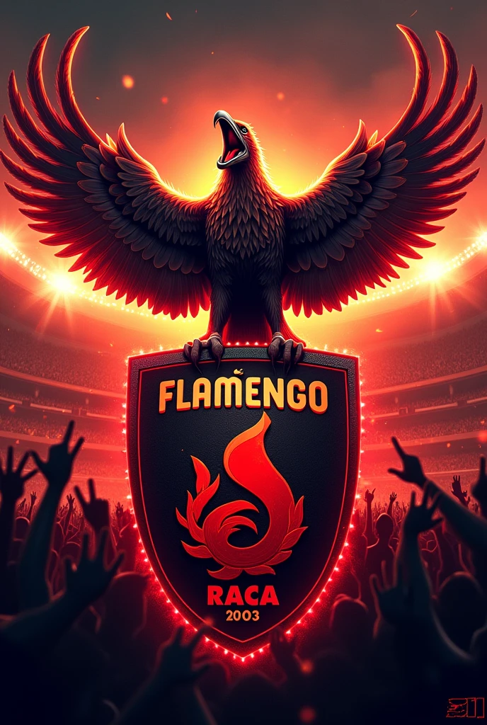 Shield of the Falmengo football club with exuberant lights, with an image of a fierce vulture screaming the Phrase "Flamengo is a race". drawing with realistic strokes