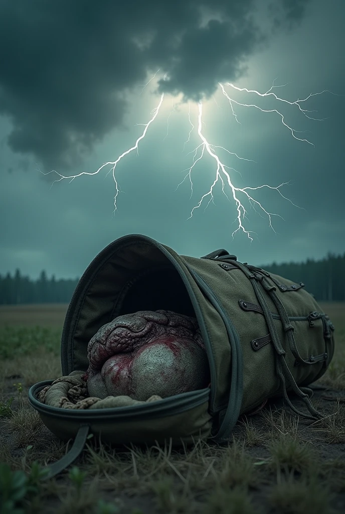 A backpack containing the skin inside, thunder and gray lightning bolts the backpack