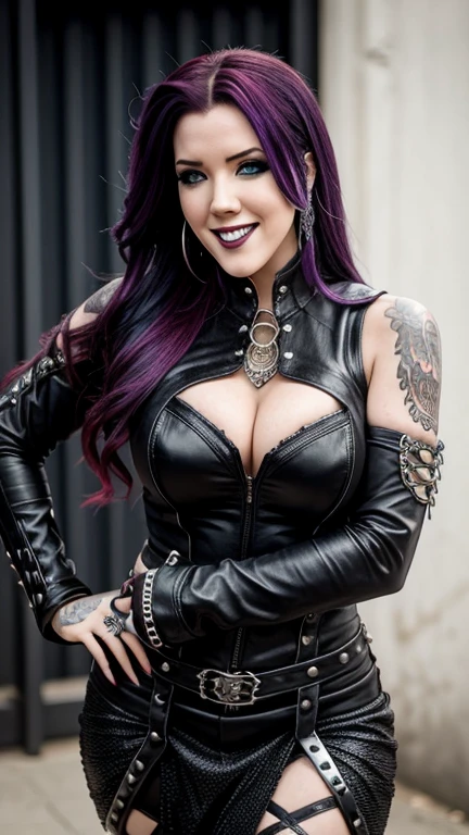 Alissa White-Gluz wearing y metal rock style clothes with dark lipstick and smiling
