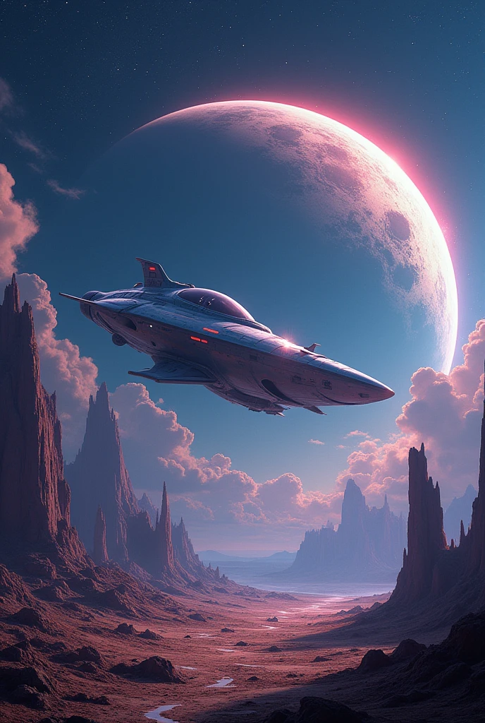 Book cover with an advanced spaceship falling to an abandoned planet with the name Beyond the Cosmic Horizon