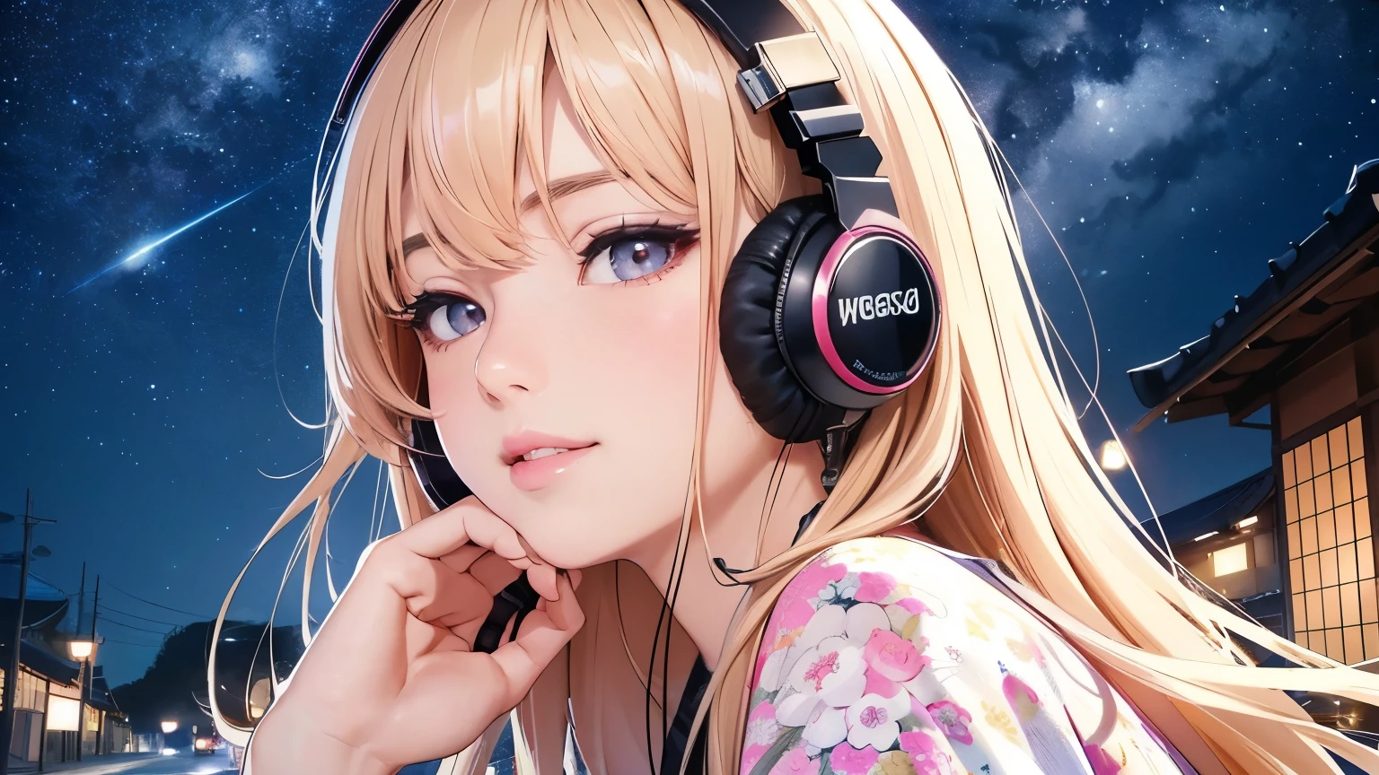 masterpiece, highest quality, High resolution, high quality images, 8K, 1 female, skin luster, Texture of skin and clothing, Expression of fine eyes, Shiny latte colored hair, long hair girl, Manga inspired by Lee Jong-suk, trending on deviantart, realism, detailed manga style, manga art style, perfect line drawing, beautiful line drawing, digital manga art girl, K-POP idle, dress, beautiful pink eyes, plump lips, detailed gorgeous face, (cute smile), charm, innocent, Side view, (perfectly detailed face), (fine hands), photorealistic images, Depth of written boundary, half up hairstyle, kimono, Japan, Beauty against the backdrop of an ancient city, ((headphones)), ((The background is starry sky)),